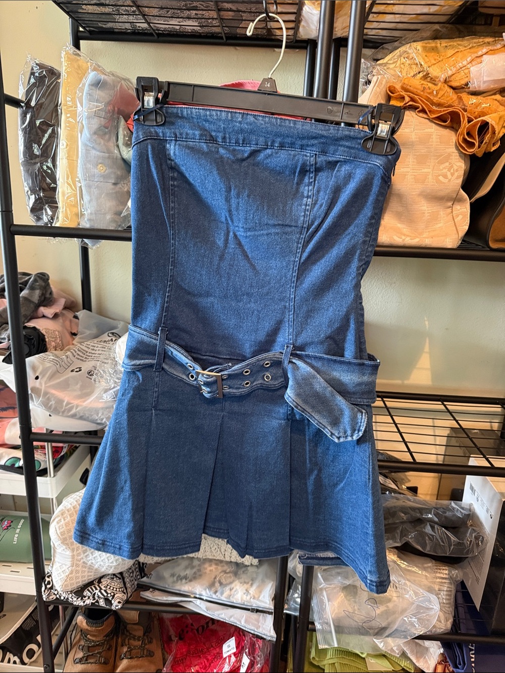 Haute Monde Strapless Denim Belted Mini Dress in Blue - Picture 2 of 4